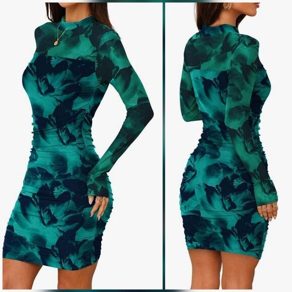 🔸️NWT Emerald Blue Floral Bodycon Mesh Long Sleeve Dress Small - Picture 1 of 16
